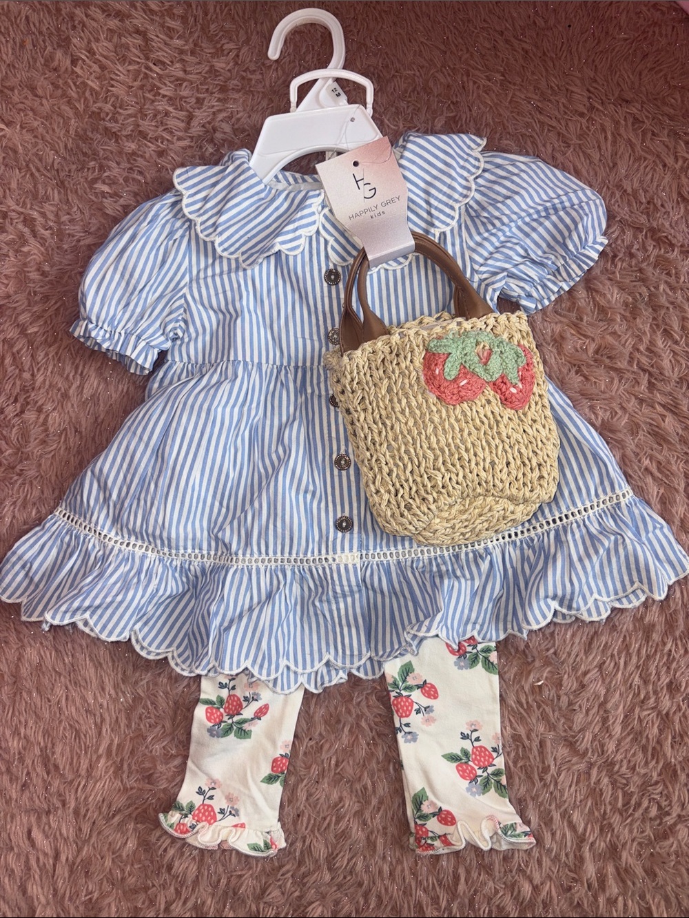 Blue & White Striped Ruffle Baby Dress with Strawberry Leggings and Straw Bag